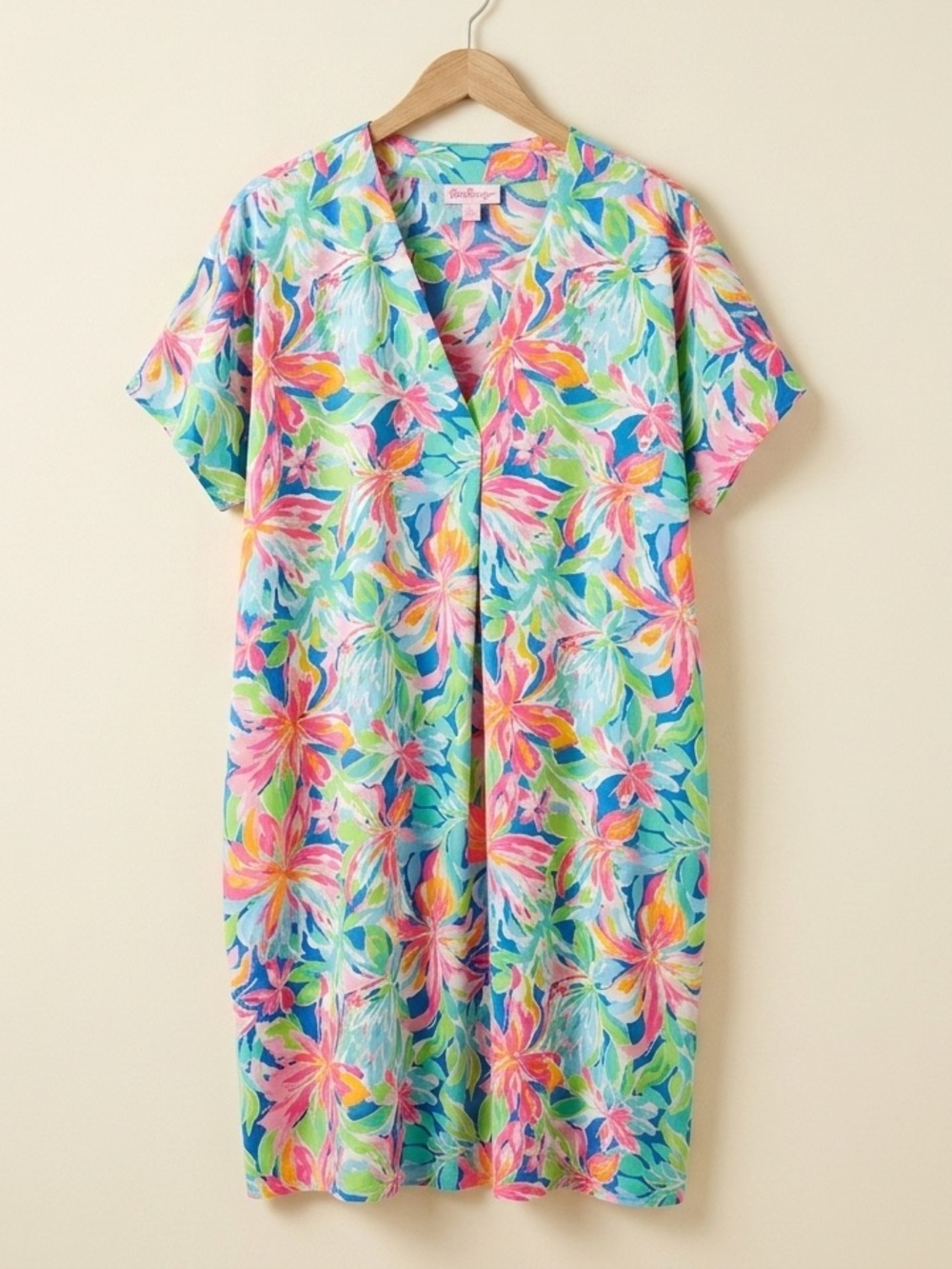 Van Winkle & Co Caftan Midi Dress Pockets Tropical Floral Lightweight Size XL